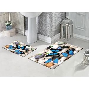 Pusula Home Çakıl Taşları ve Mavi Kelebekler 3D Desenli Dijital Baskılı Banyo Paspası