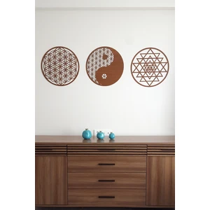 Yaşam Çiçegi Sri Yantra Ying Yang Kahverengi (Ceviz) 3lü Set 20X20CM