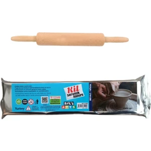 Seramik Hamuru Başlangıç Seti 1 - Ahşap Merdaneli  Beyaz Renk Doğal Kil 1 kg