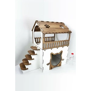 Ahşap Dekoratif Iki Katlı Kedi Evi Ceviz Beyaz