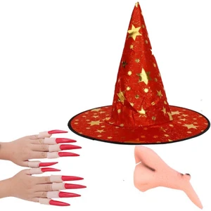 Yetişkin Kırmızı Renk Yıldızlı Cadı Şapkası Tırnak Burun Set Model 7