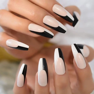 Eda Luxury Beauty Pembe Siyah Beyaz French Takma Tırnak Lüks Desenli Extra Uzun Kare Ballerina Nail Art Set