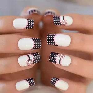 Eda Luxury Beauty Beyaz Pembe Siyah French Takma Tırnak Lüks Kristal Taşlı Desenli Uzun Kare Nail Art Set