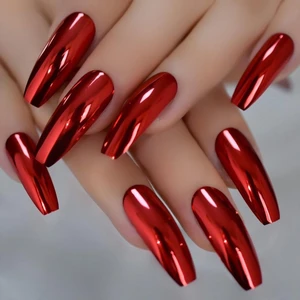 Eda Luxury Beauty Kırmızı Metalik Takma Tırnak Lüks Parlak Extra Uzun Kare Coffin Ballerina Nail Art Set