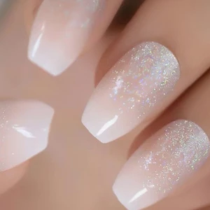 Eda Luxury Beauty Natürel Pembe Beyaz Simli French Takma Tırnak Lüks Desenli Doğal Uzun Kare Ballerina Nail Art Set