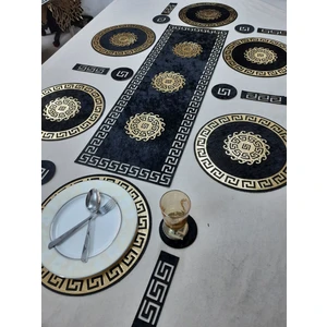 Amerikan Servis / Masa Runnerı / Kadife Sofra Sunum Takımı /19 Parça/6 Kişilik/Siyah-Gold