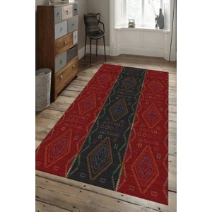 Cappio Halı Kilim Desenli Kırmızı-Siyah Halı Makinede Yıkanabilir
