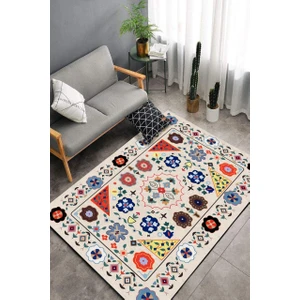 Cappio Halı Çiçekli Krem Kilim Desenli Halı Makinede Yıkanabilir