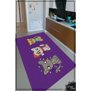 Cappio Halı Sevimli Kedi Desenli Mor Mutfak Halısı Makinede Yıkanabilir
