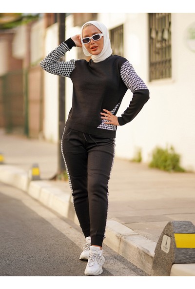 Por La Cara Kazayağı Desenli Kazak&pantolon Ikili Triko Takım - Siyah - Por La Cara