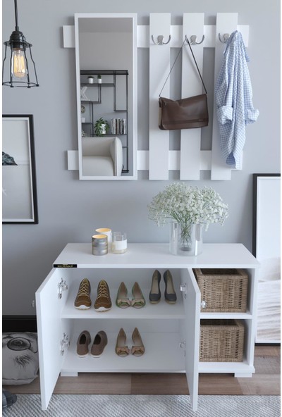 Remaks Plus Aynalı Vestiyer Ayakkabılık Portmanto ve Duvar Askısı - Beyaz / Beyaz