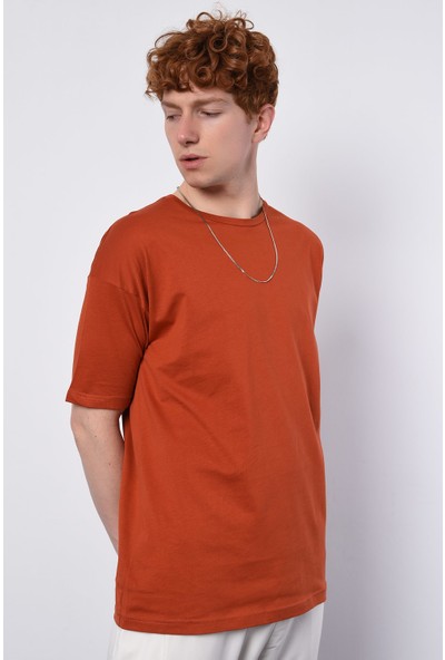 Antioch Men Kiremit Oversize Basic Düz Model T-Shirt