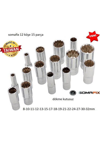 Somafix1/2 Lokma Takımı 12 Köşe Derin Lokma Dökme 15 Parça