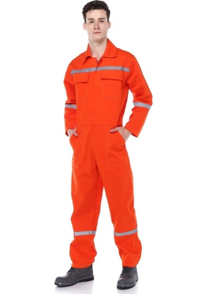 Iş Tulumu Bütün Pamuk Reflektörlü Turuncu