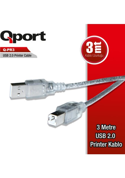 Q-Pr3 USB 2.0 Yazıcı Kablosu 3mt