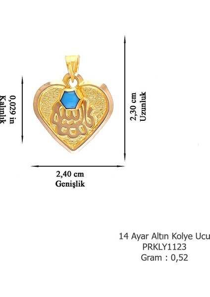 Kadın 14 Ayar Altın Kalp Şekilli Maşallah'lı Mavi Taşlı Kolye Ucu