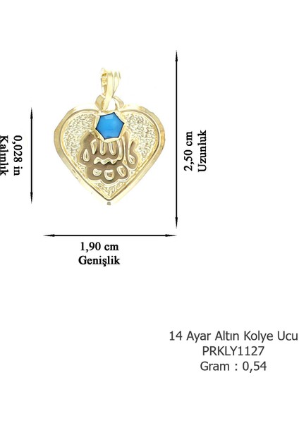 Kadın 14 Ayar Altın Kalp Şekilli Maşallah'lı Mavi Taşlı Kolye Ucu