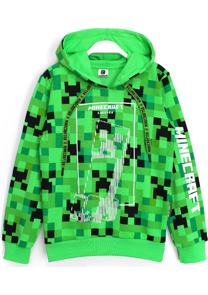 360 Derece Minecraft Creeper Baskılı Kışlık Çocuk Kapşonlu Sweatshirt 8 - 13 Yaş Aralığı Yeşil