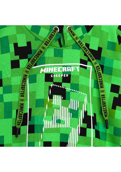 360 Derece Minecraft Creeper Baskılı Kışlık Çocuk Kapşonlu Sweatshirt 8 - 13 Yaş Aralığı Yeşil