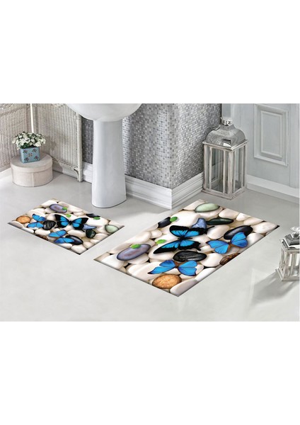 Çakıl Taşları ve Mavi Kelebekler 3D Desenli Dijital Baskılı Banyo Paspası