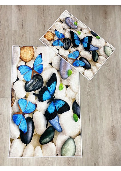 Çakıl Taşları ve Mavi Kelebekler 3D Desenli Dijital Baskılı Banyo Paspası fiyatları