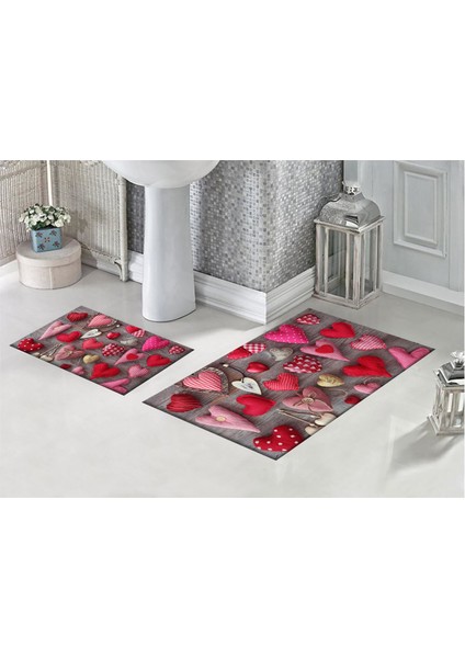 Ahşap Zemin ve Kumaş Kalpler 3D Desenli Dijital Baskılı Banyo Paspası