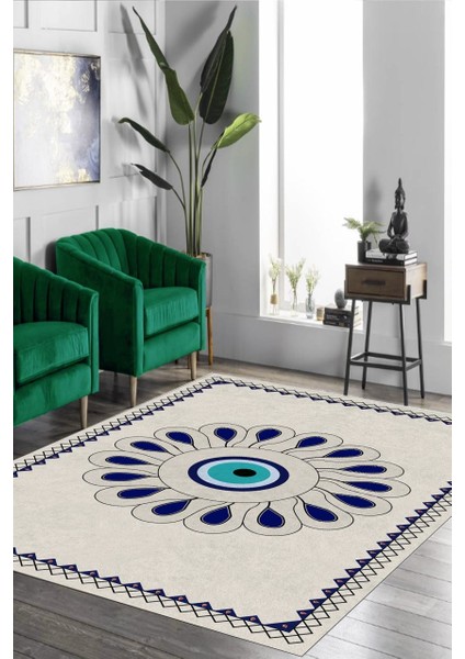 Cappio Nazar Boncuğu Desenli Krem Halı (Makine'de Yıkanabilir)