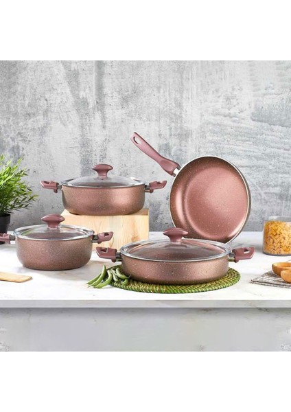 Hazar Pazar Papilla 7'li Granit Tencere Seti Rose Renk
