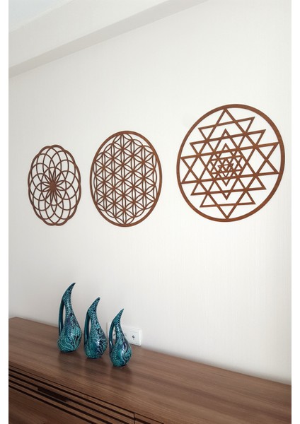 Yaşam Çiçegi Sri Yantra Torus Kahverengi (Ceviz) 3lü Set 25X25CM