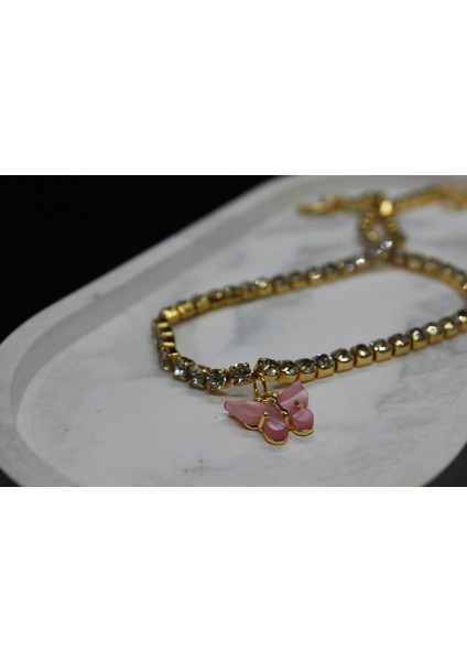 Pembe Mat Kelebek Kolye Ucu ve Zirkon Chocker Kolye