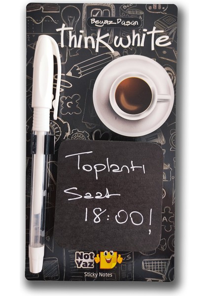 Think White Siyah Yapışkanlı Bloknot Beyaz Jel Kalem