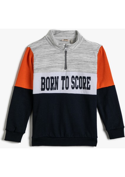 Baskılı Sweatshirt Fermuar Yaka Pamuklu