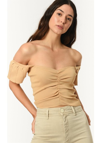 Z2008 Kadın Krop Bluz-Açık Camel