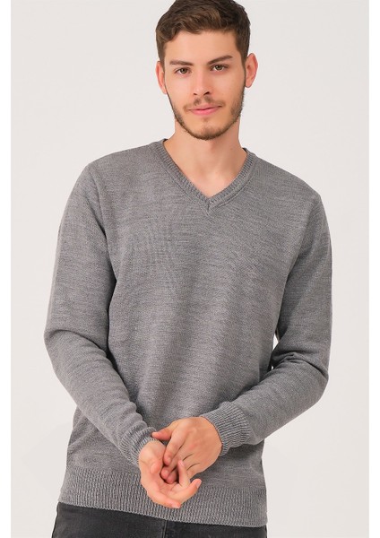 V0036 Erkek V-Neck Kazak-Gri