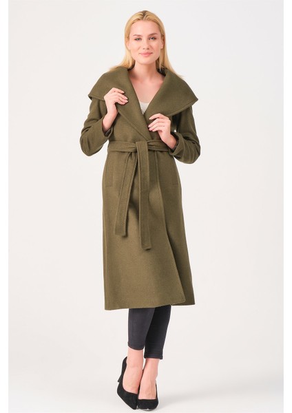 Kadın Kaban Uzun Kol Yün Malzemeden Düz Haki Renk Rahat Kullanım fırsatları
