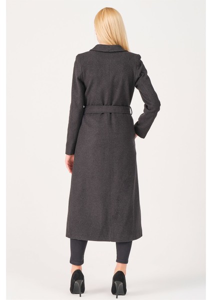 Bayan Palto Uzun Yün Malzemeden Antrasit Renk Düz Desenli Şık Tasarım modelleri