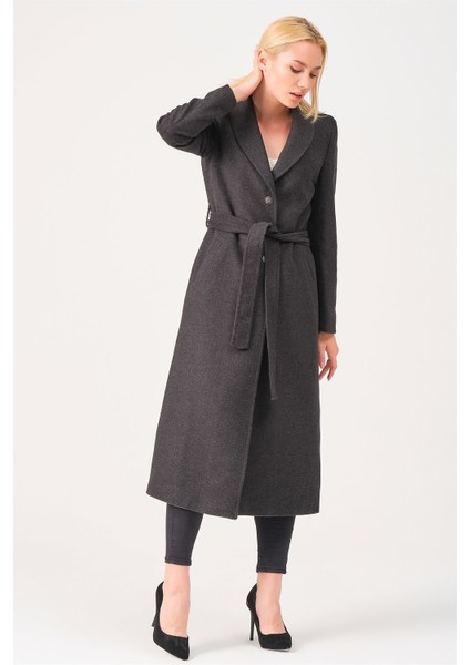 Bayan Palto Uzun Yün Malzemeden Antrasit Renk Düz Desenli Şık Tasarım indirimleri