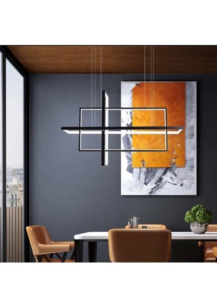 Modern LED Dekoratif 3lü Iç Içe Dikdörtgen Sarkıt Avize Siyah 3000K