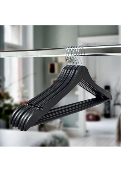 Ahşap Görünümlü Plastik Elbise Askısı 6 Adet Siyah Renk Döner Başlıklı
