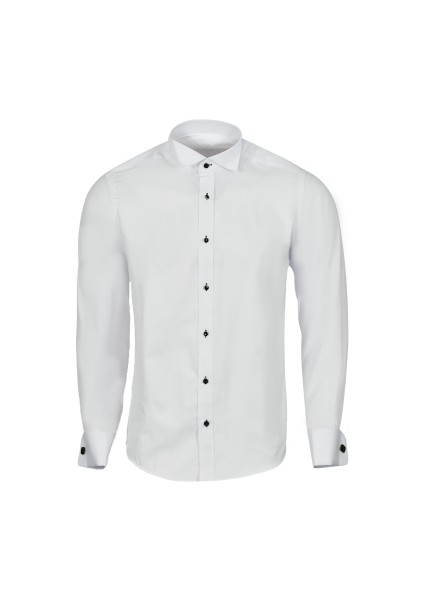 Beyaz Damatlık Ata Yaka Taş Düğme Slim Fit Gömlek