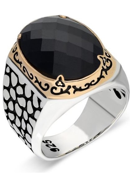 Benekli Model Siyah Zirkon Taşlı Gümüş Erkek Yüzük