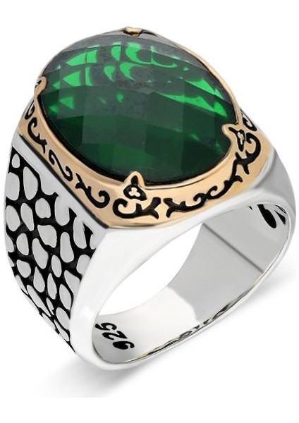 Benekli Model Yeşil Zirkon Taşlı Gümüş Erkek Yüzük