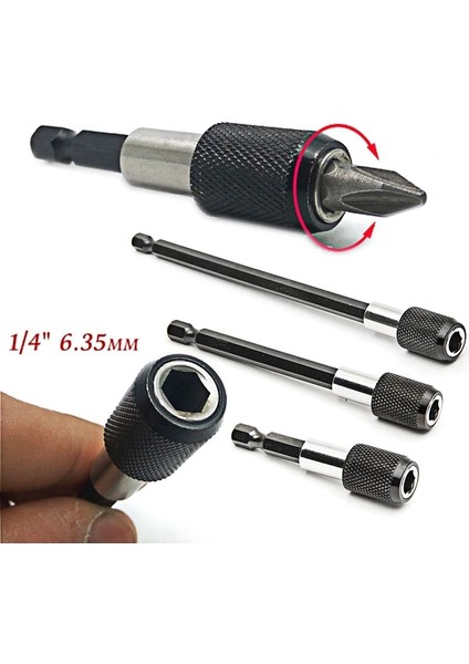 Hızlı Vidalama Adaptörü Bit Vidalama Uzatma Aparatı Altıgen 1/4 Hex Bits Şaftlı 3 Parça