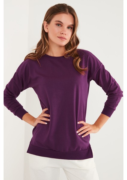 Pamuklu Bisiklet Yaka Basic Örme Sweat Kadın Sweat 5863569 modelleri