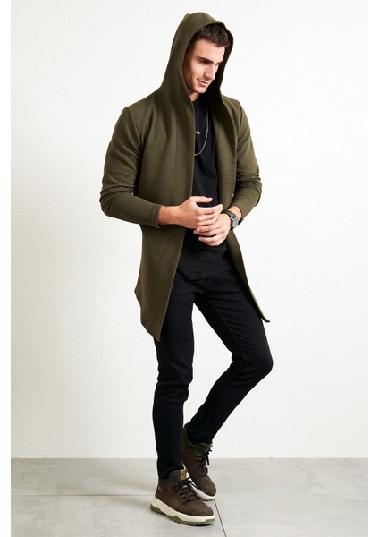 Slim Fit Kapüşonlu Pamuklu Örme Hırka Erkek Hırka 5896595