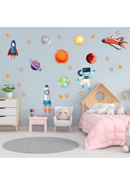 Uzayda Astronot Uzay Mekiği Gezegenler ve Yıldızlar Duvar Sticker