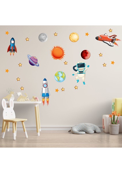 Uzayda Astronot Uzay Mekiği Gezegenler ve Yıldızlar Duvar Sticker