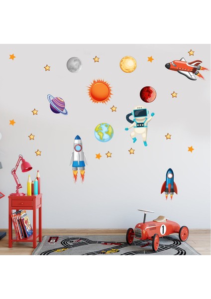 Uzayda Astronot Uzay Mekiği Gezegenler ve Yıldızlar Duvar Sticker