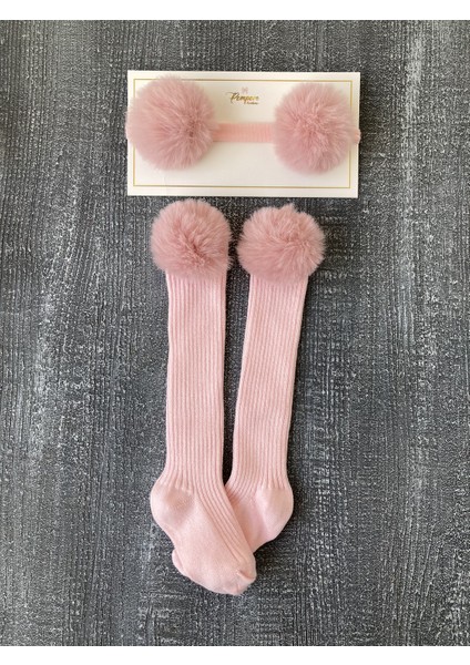 Pempembandana Kız Bebek Uzun Peluş Ponponlu Çorap Bandana Set