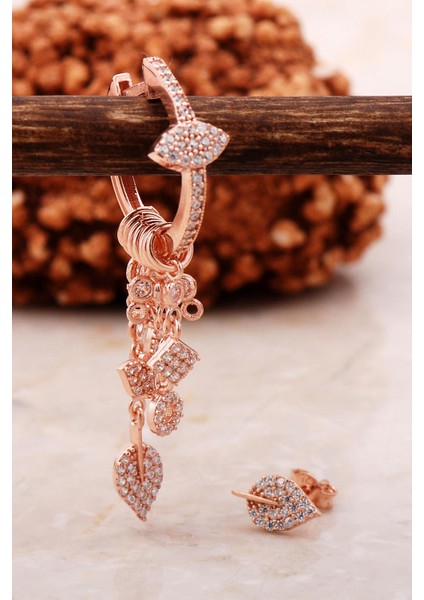 Yaprak Rose Gümüş Kombin Şans Küpe 5459